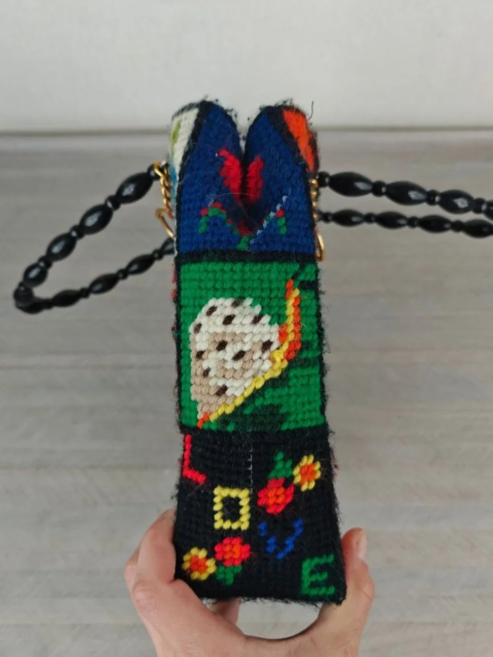 Vintage Handbag Crochet Multicolor Patchwork Beads Handle 1970s Handmade Art